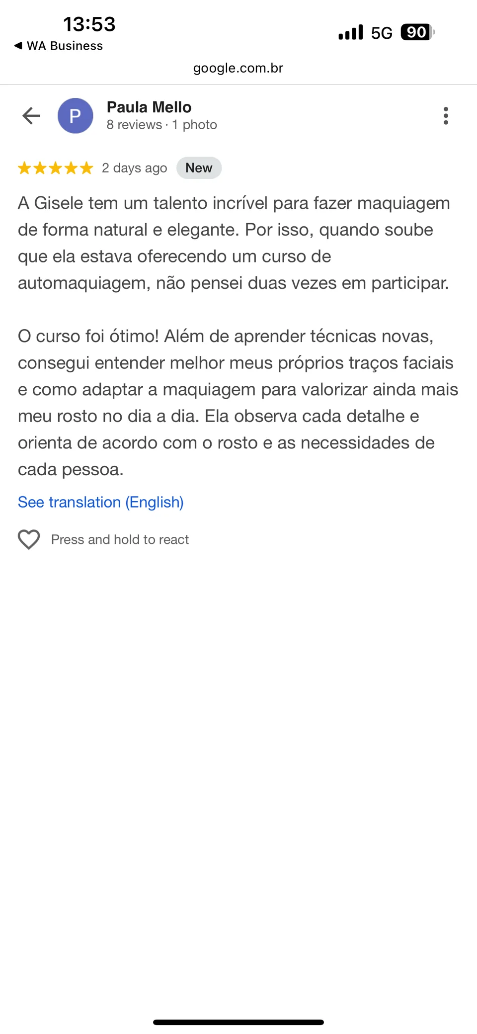 Avaliação de Paula Mello com cinco estrelas