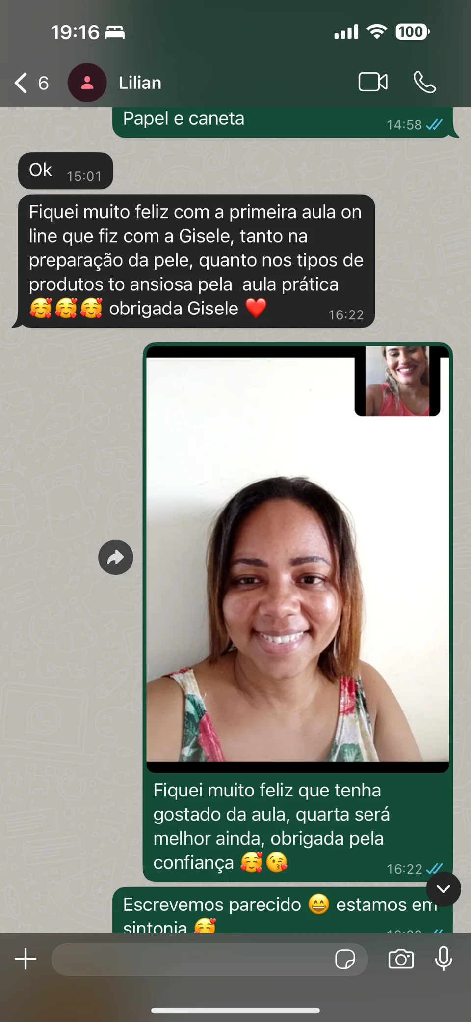 Mensagem de Lilian sobre o curso de automaquiagem